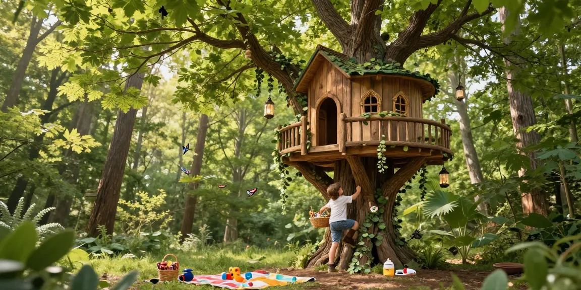 Child climbing a charming treehouse amid lush greenery, exploring nature.