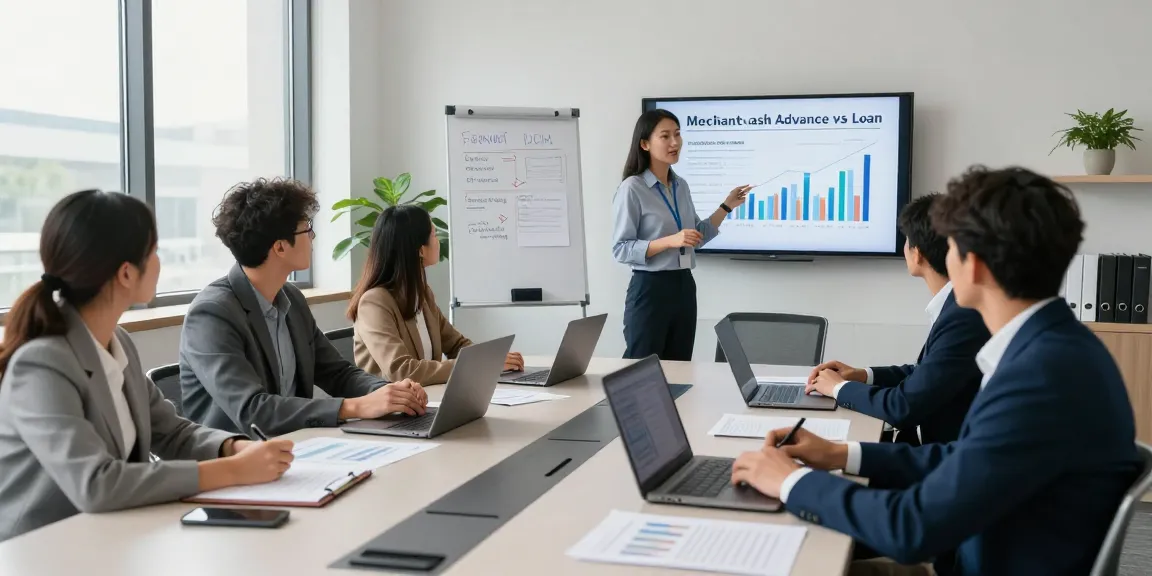 Business meeting on merchant cash advance vs loan comparisons with professionals analyzing data and metrics.