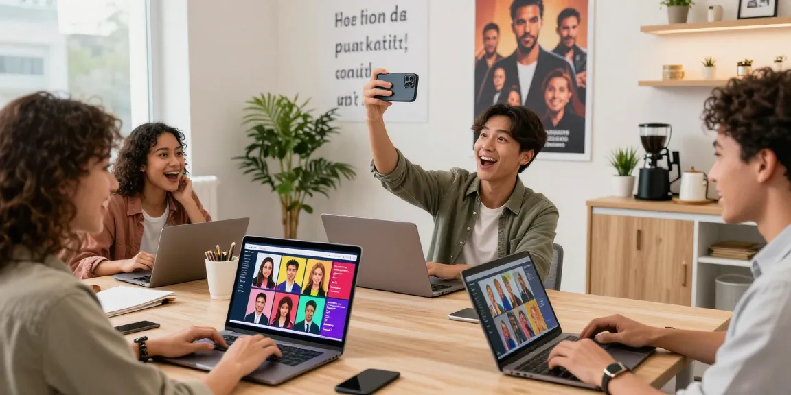 Young woman discovers her celebrity look alike using an AI face identifier in a lively studio.