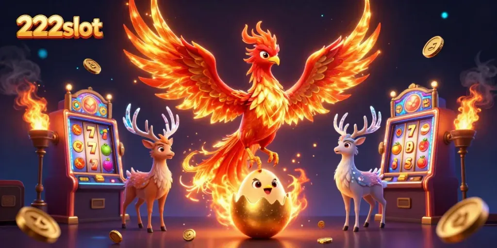 Permainan slot 222slot dalam ilustrasi 3D memukau dengan phoenix berapi.