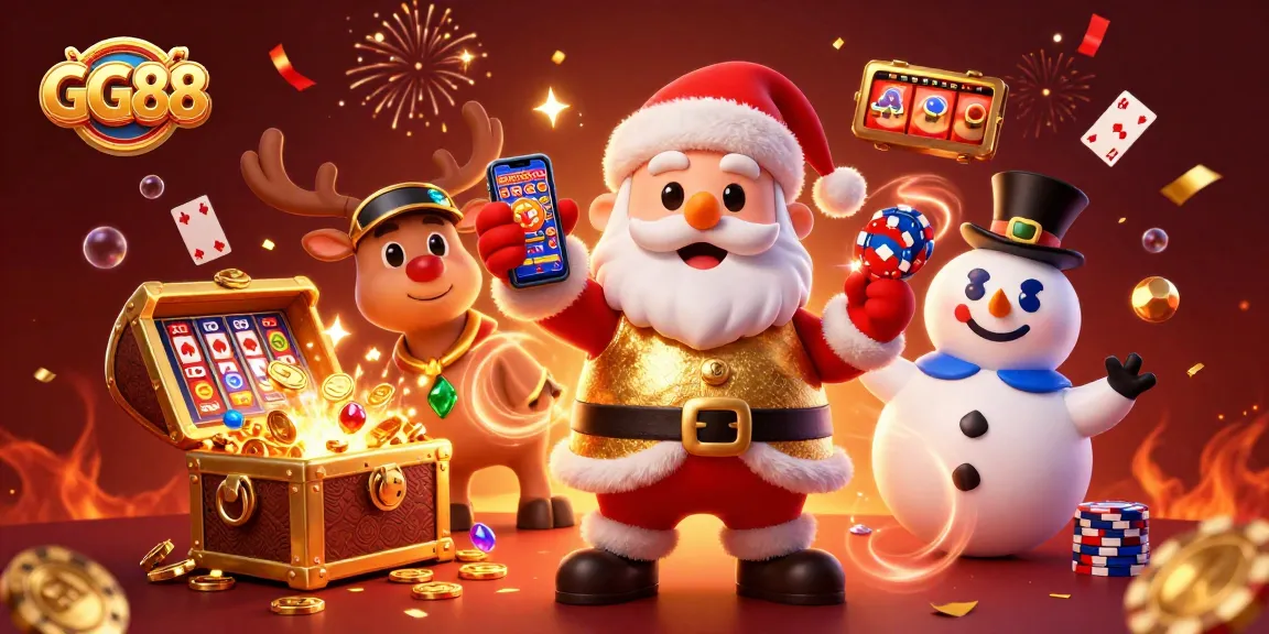 Experience the excitement of GG88 with a festive casino scene featuring Santa and friends celebrating jackpots and thrilling games.