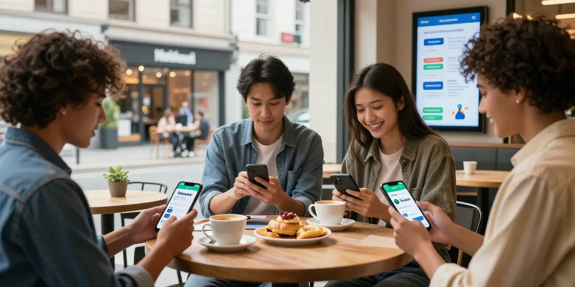 People using a local services finder app in a vibrant urban café, showcasing community interactions.