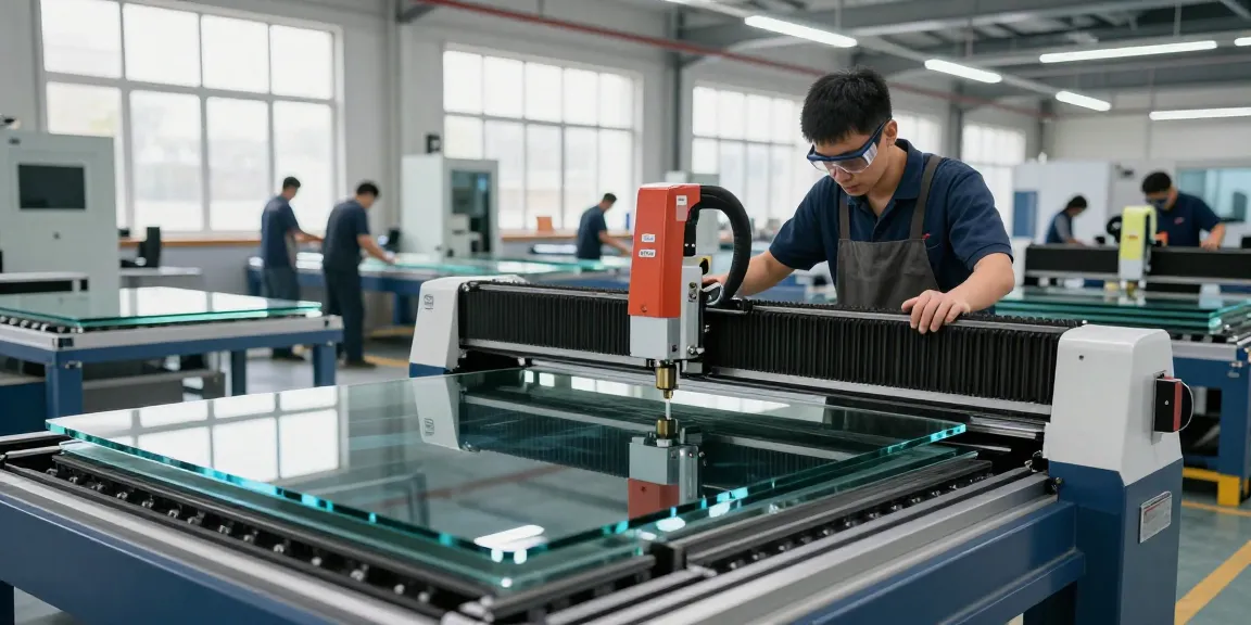 CNC glass cutting machine in use, showcasing precision glass processing in an industrial workshop environment.
