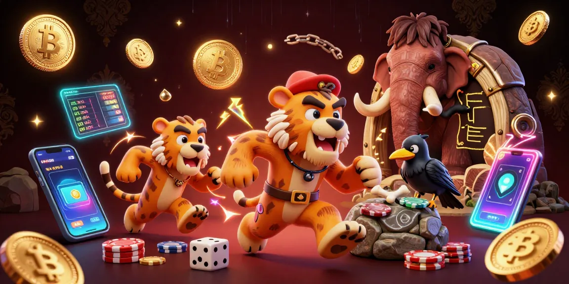Jouez sur un casino Bitcoin animé avec des personnages préhistoriques et des pièces de crypto-monnaie scintillantes.