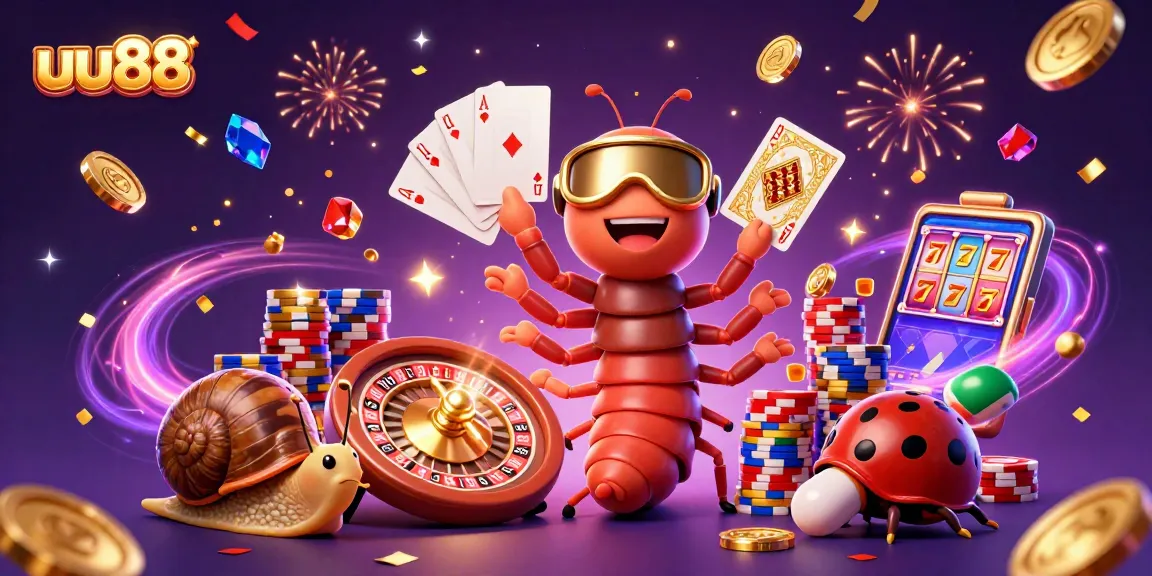 Engage in thrilling gameplay at uu88 with a lively casino scene featuring cartoon characters and sparkling elements.