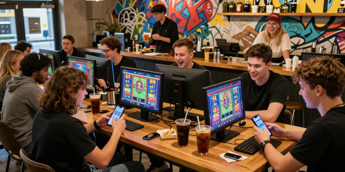 Engaged group of gamers enjoying slot games together at a cafe with oppa86.