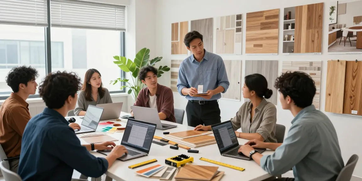 Collaboration in a flooring business software workspace with design discussions and samples.