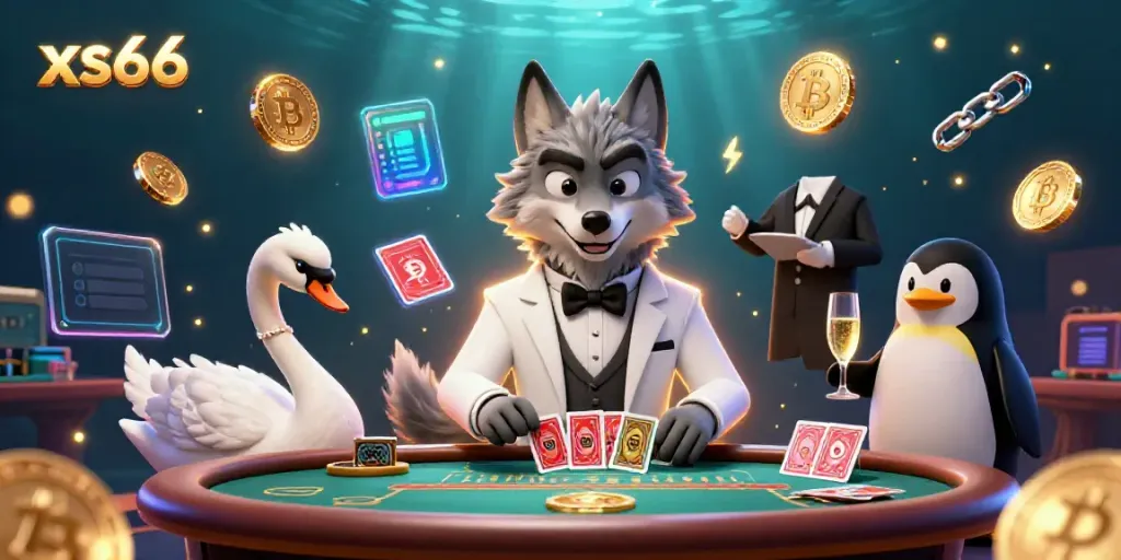 Engage with xs66 at this vibrant 3D casino scene featuring card games and cryptocurrency elements.