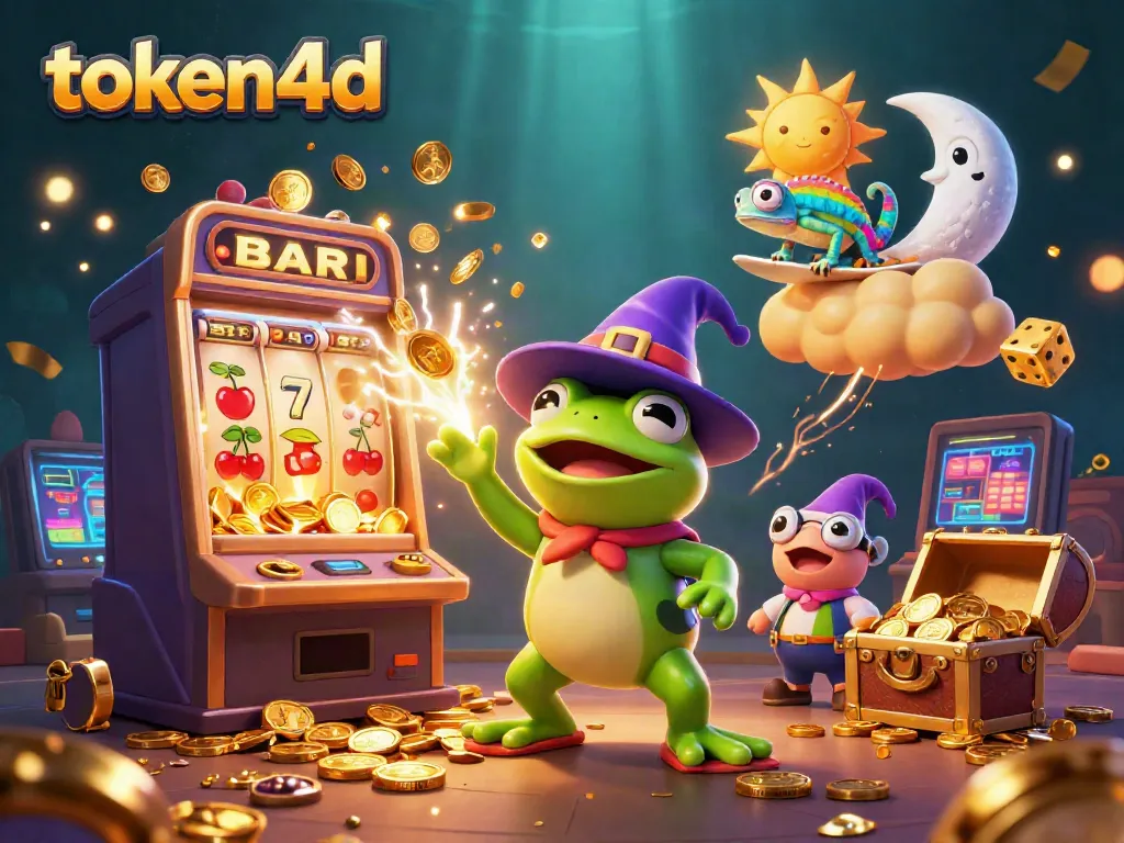 Slot Gacor token4d menampilkan katak penyihir dan bunglon dalam terowongan koin emas.