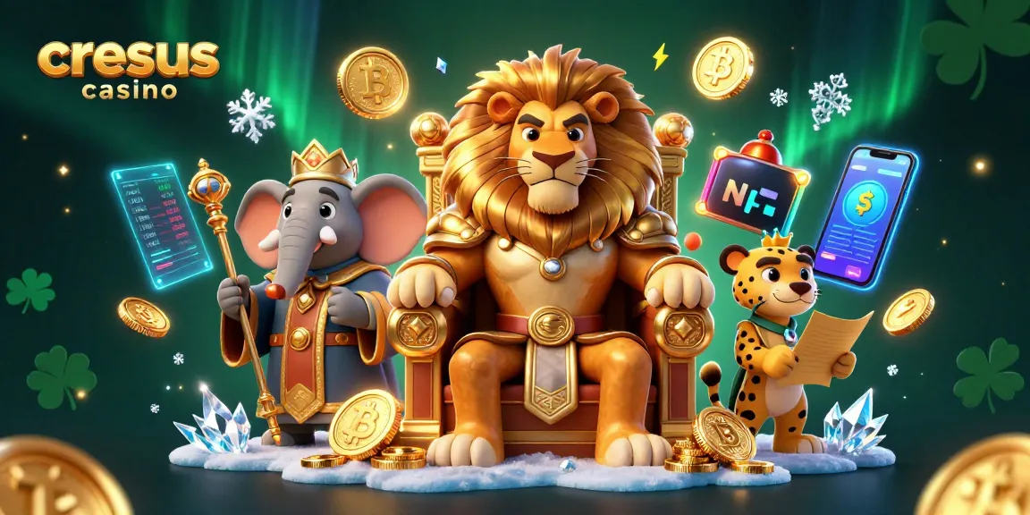 Vivez l'excitation du casino Cresus avec une illustration 3D somptueuse mettant en avant des personnages majestueux et des éléments cryptographiques.
