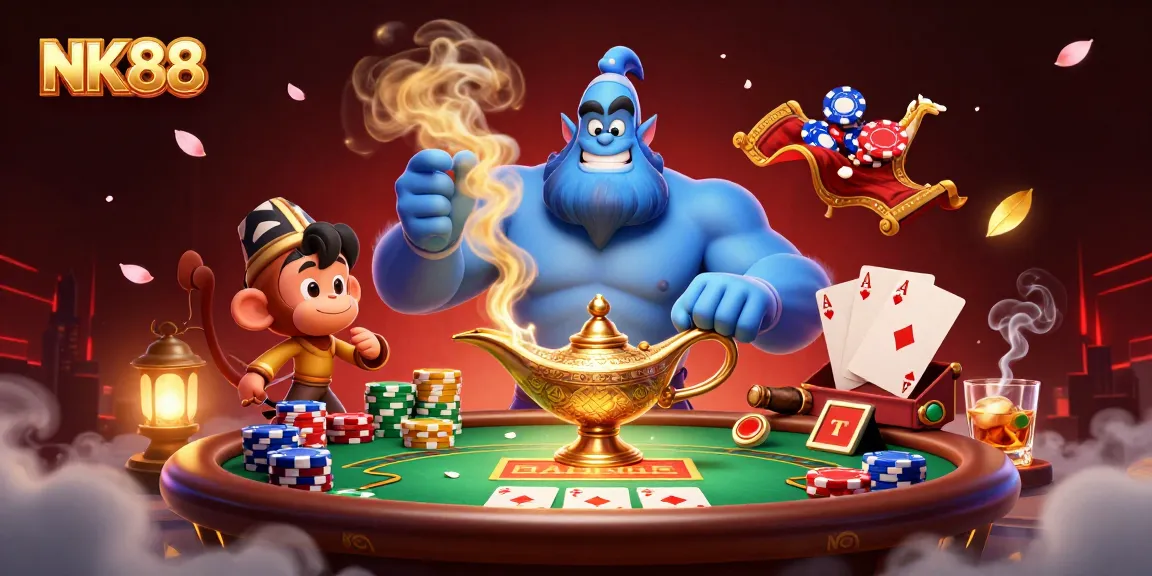 Experience thrilling gambling action with NK88, as a powerful genie and monkey share poker adventures.