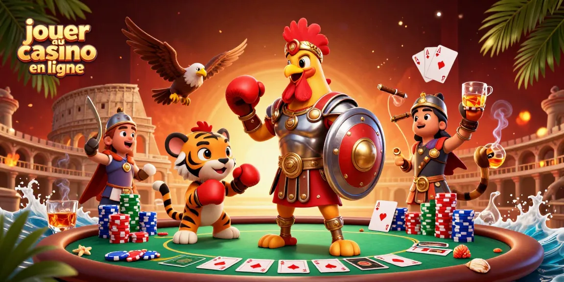 Jouer au casino en ligne dans une illustration 3D avec un coq gladiateur et un tigre cubain.