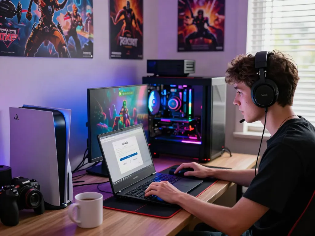 Focus on rokok88 link login on gaming laptop in vibrant workspace.