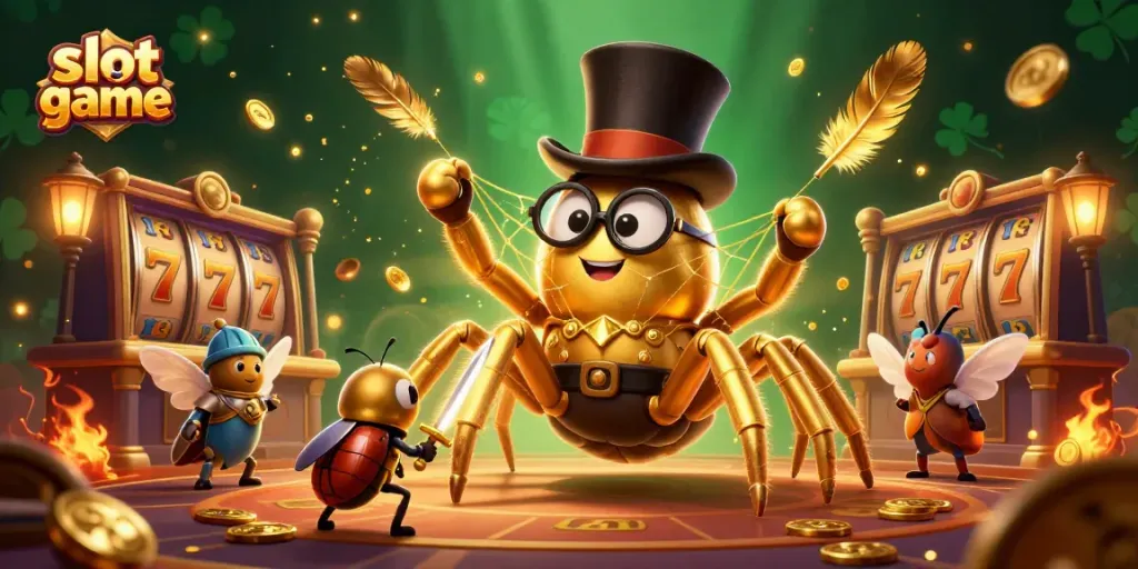Engage with the vibrant slot game scene featuring a whimsical, golden tarantula and dynamic characters in a casino setting.