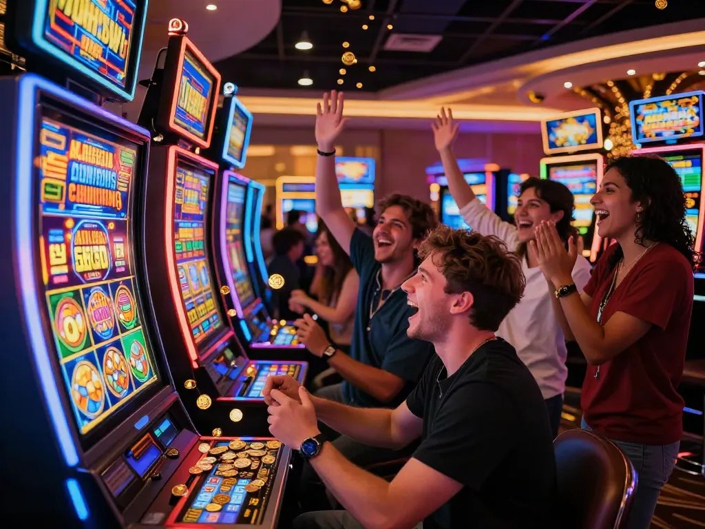 Player celebrating a slot jackpot win surrounded by neon lights and friends