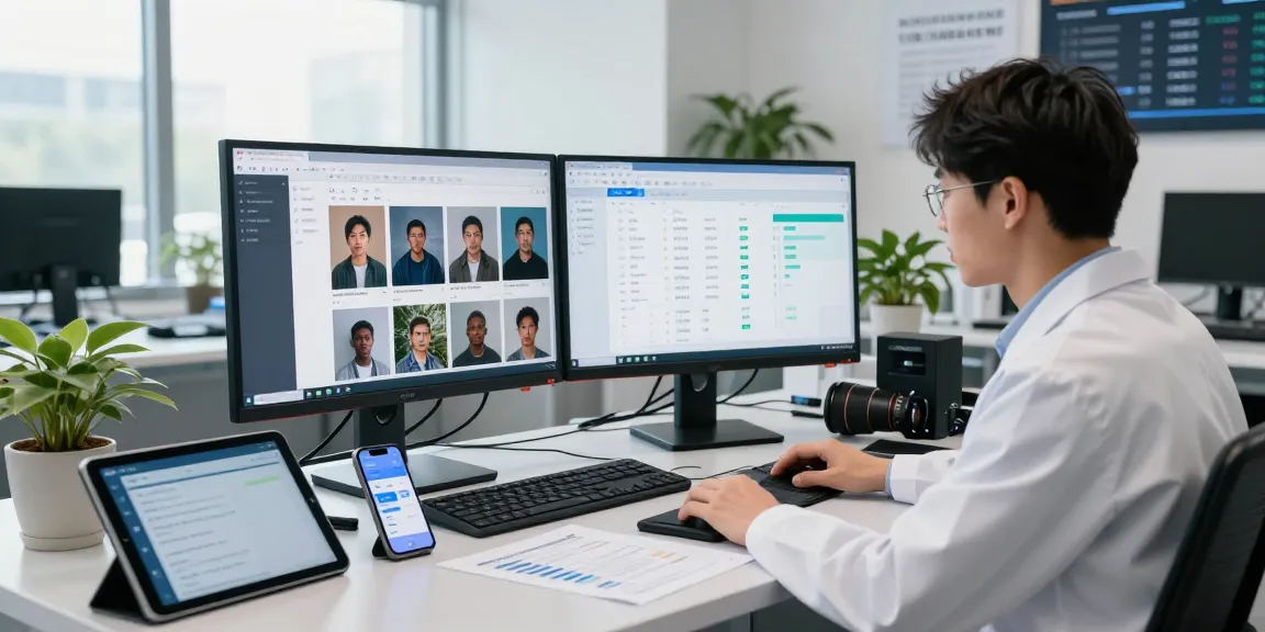 Data analyst using the ai image checker tool on dual monitors in a modern tech lab