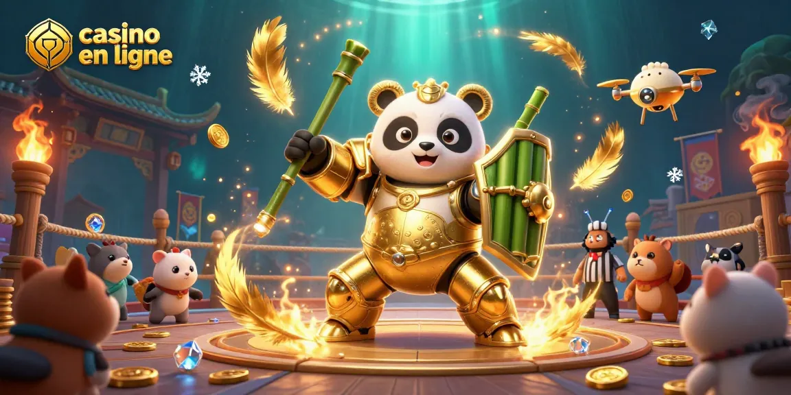 Jouez aux jeux de casino en ligne dans une illustration dynamique avec un panda doré et un robot de combat.