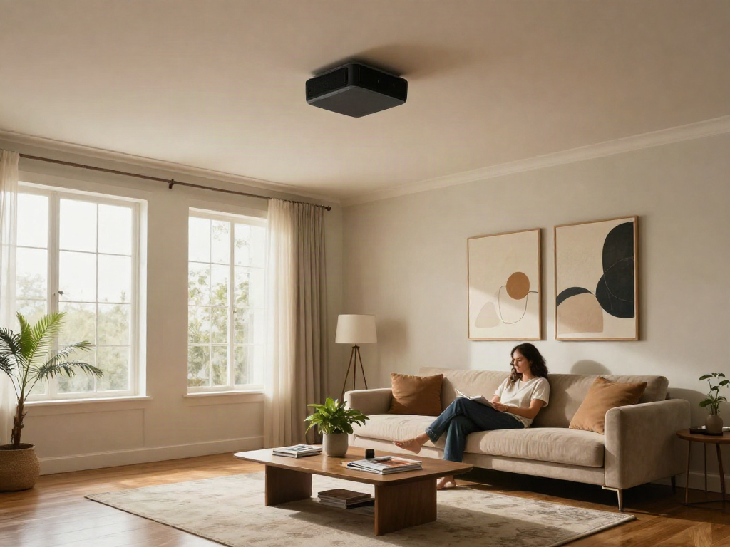 Modern living room with ceiling speakers showcasing style and elegance