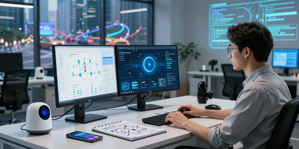 Analyzing how does IoT work in a modern workspace with real-time data and smart devices.