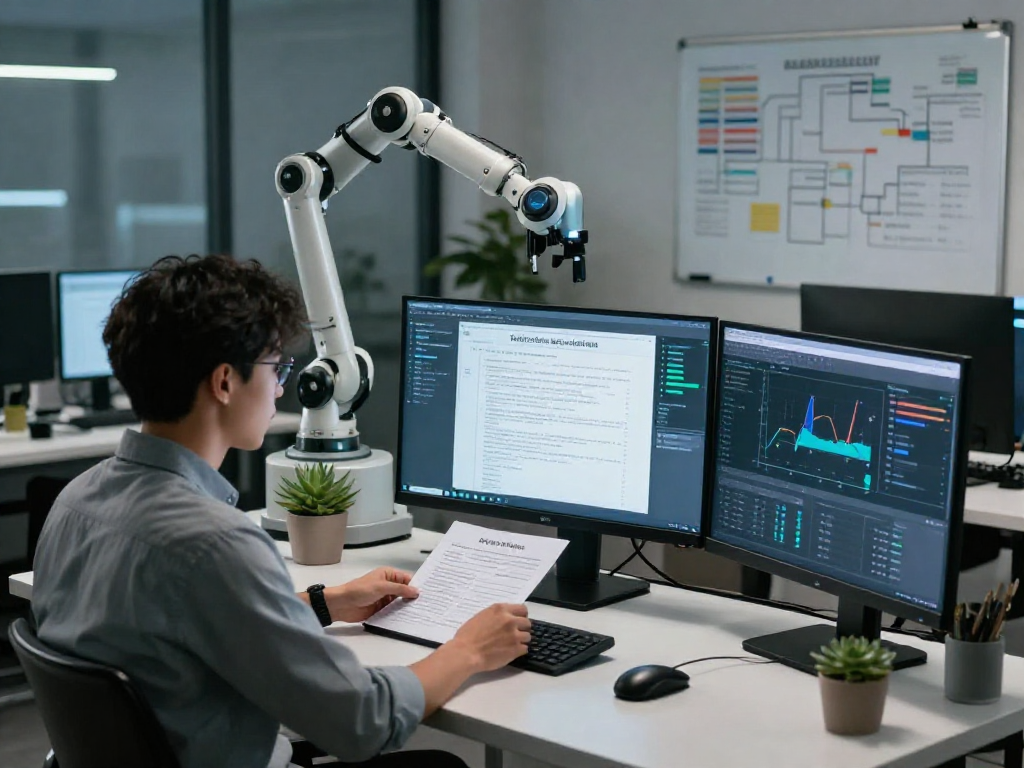 Analyzing document fraud detection results on multiple screens in a modern office.