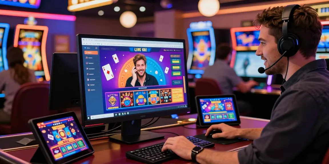 Lemacau Live Chat representative assisting customers in vibrant online casino setting