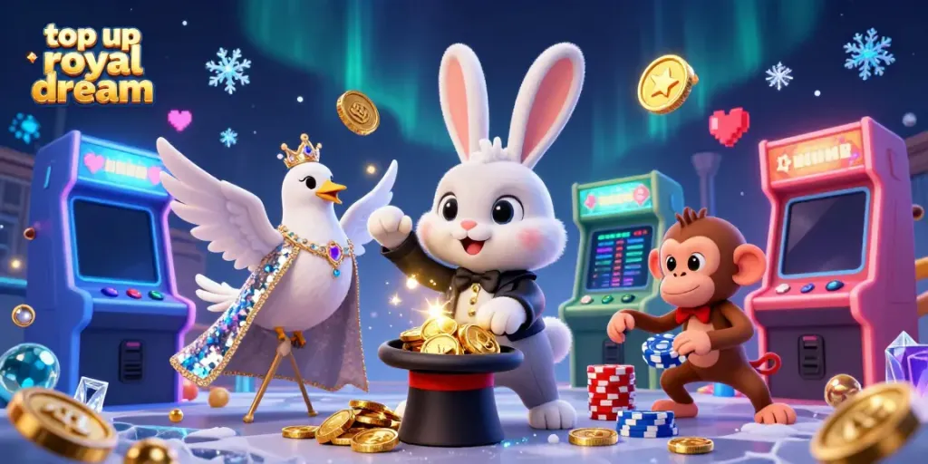 Aksi seru top up royal dream dengan karakter kartun 3D menyenangkan dalam suasana kasino.