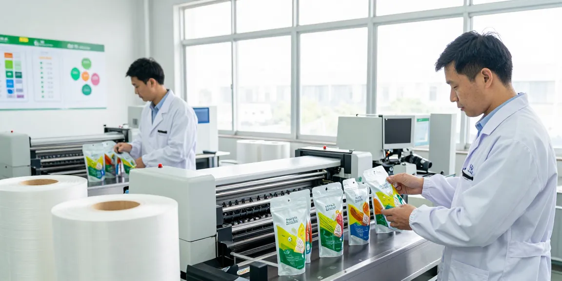 Recyclable stand up pouches being produced at Gozen's facility with advanced technology and skilled workers.