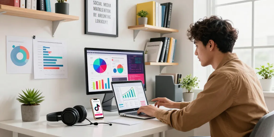 Dynamic workspace scene illustrating how to buy 50 TikTok likes effectively with engaging visuals and metrics.