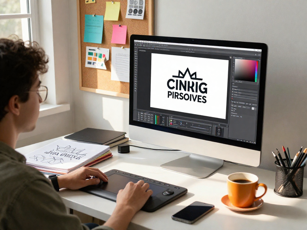 Grafik freelancer pracujący nad oryginalnym projektem logo w jasnym biurze.