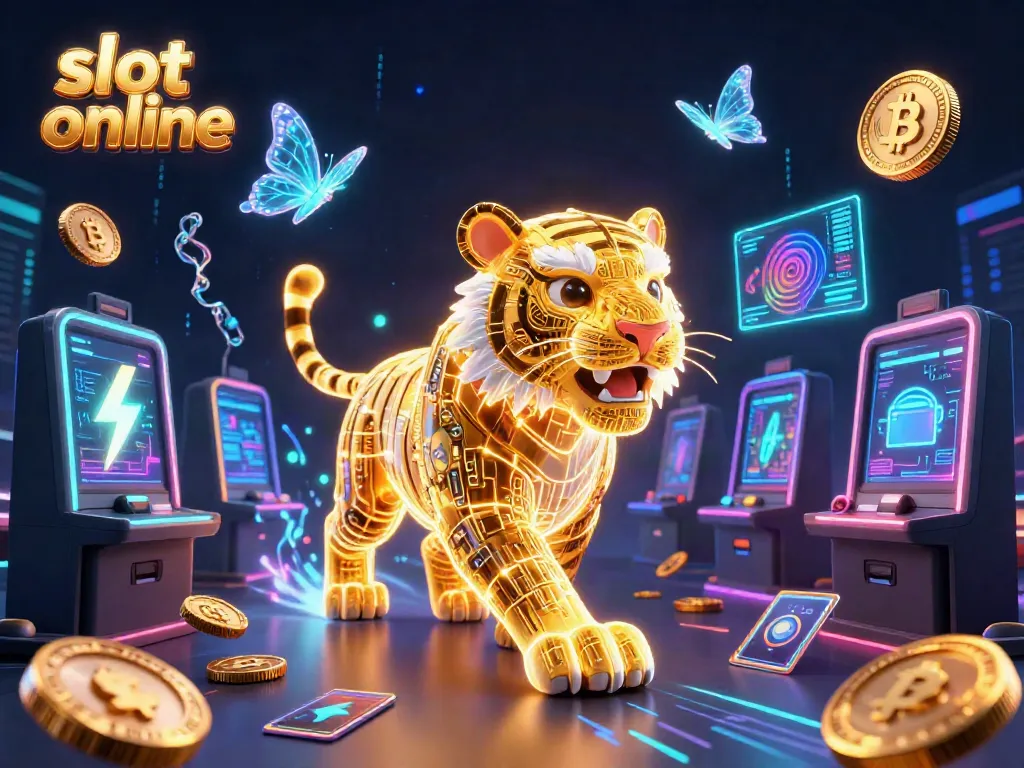 Bermain slot online di lingkungan kasino digital dengan simbol neon yang bercahaya, luar biasa dan penuh energi.