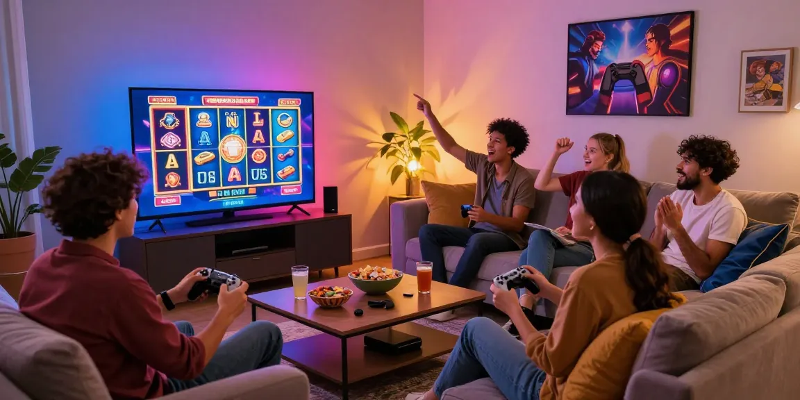 Friends enjoying online rutanslot games in a cozy living room atmosphere.