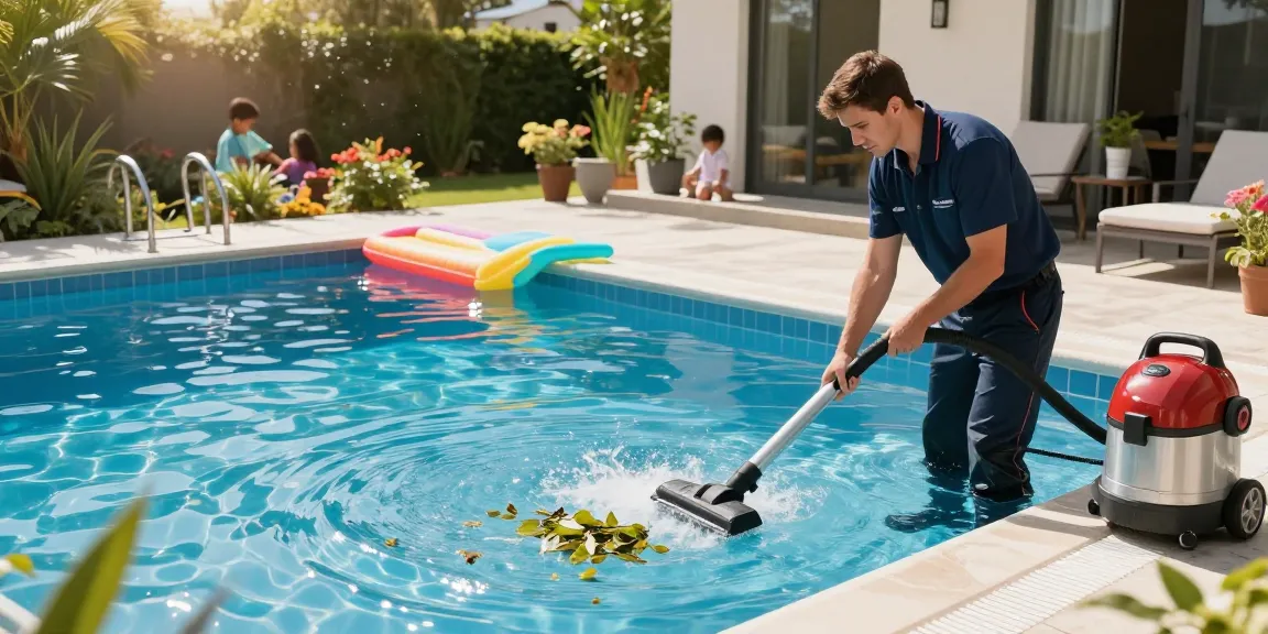 Efficient pool cleaning process with a technician maintaining a sparkling swimming pool, showcasing čišćenje bazena importance for hygiene and enjoyment.