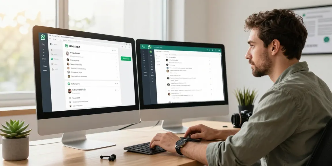 User engaging with WhatsApp網頁版 on a sleek desktop in a modern workspace, showcasing digital communication tools.