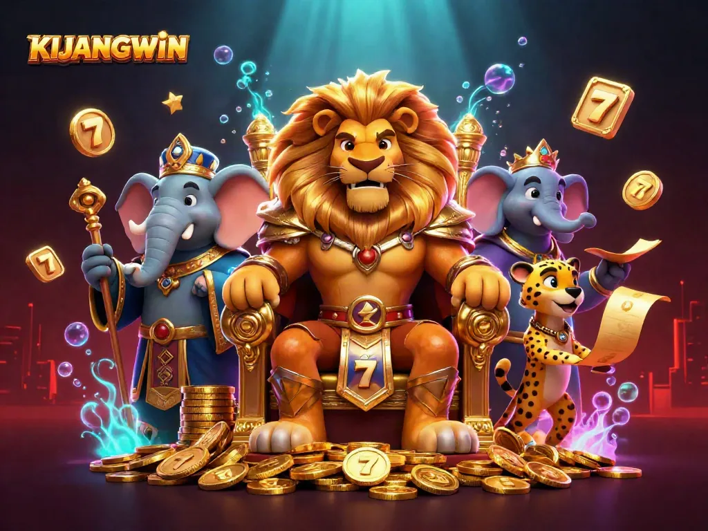 KIJANGWIN menghadirkan kegembiraan jackpot dengan singa raja sebagai simbol kemenangan dalam ilustrasi slot yang megah.