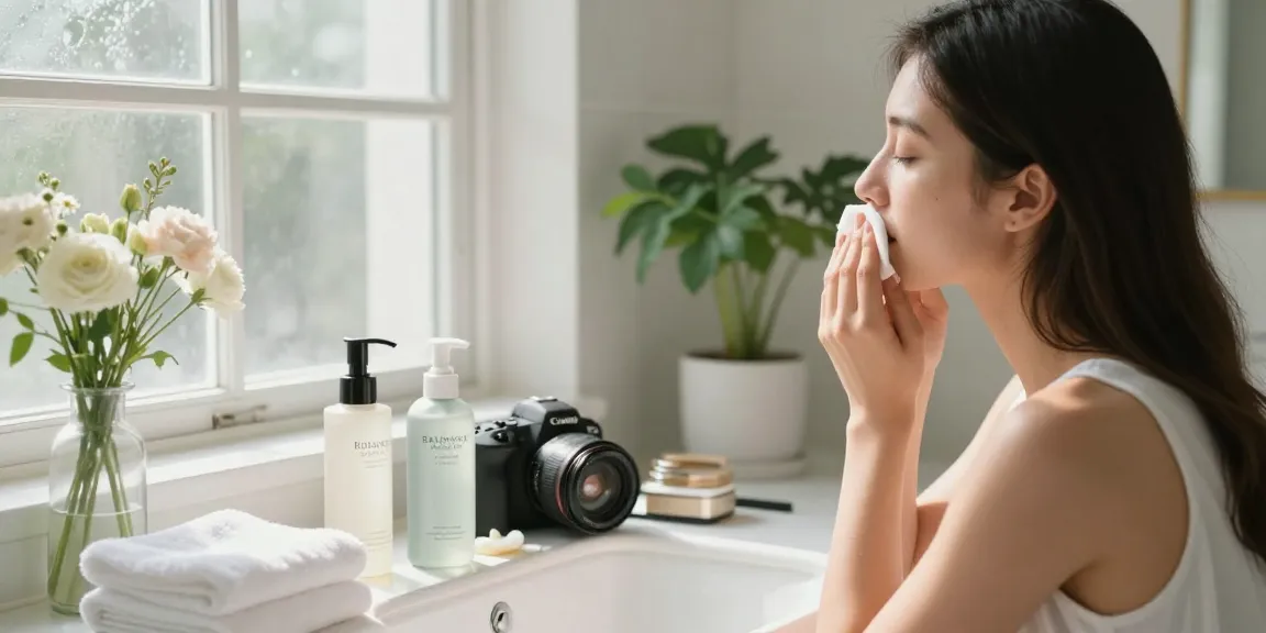 Applying Balance and Refresh Toner in a serene bathroom scene with natural light.