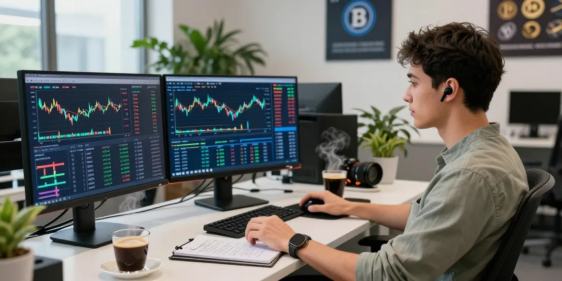 An engaged trader analyzing cryptocurrency charts on the OKX exchange on multiple monitors in a modern office setting.
