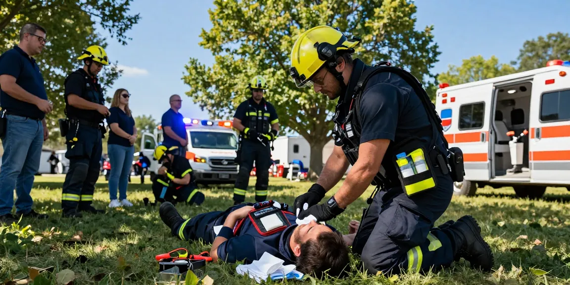 Belt Medical Pouch in use by a first responder at an outdoor emergency scene, showcasing essential supplies for trauma care.