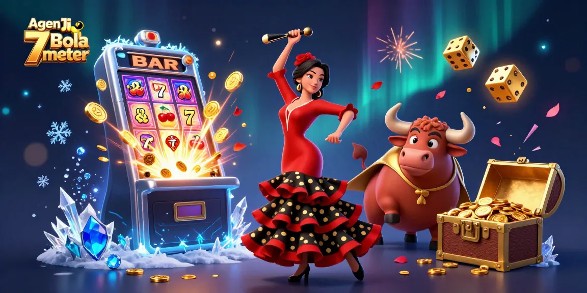 Agen Judi Bola 7meter showcases a vibrant 3D scene with dynamic characters and casino excitement.