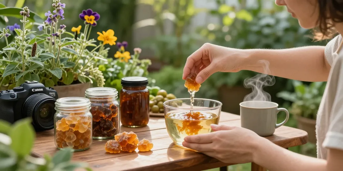 Preparing shilajit resin in a serene garden, emphasizing natural wellness.