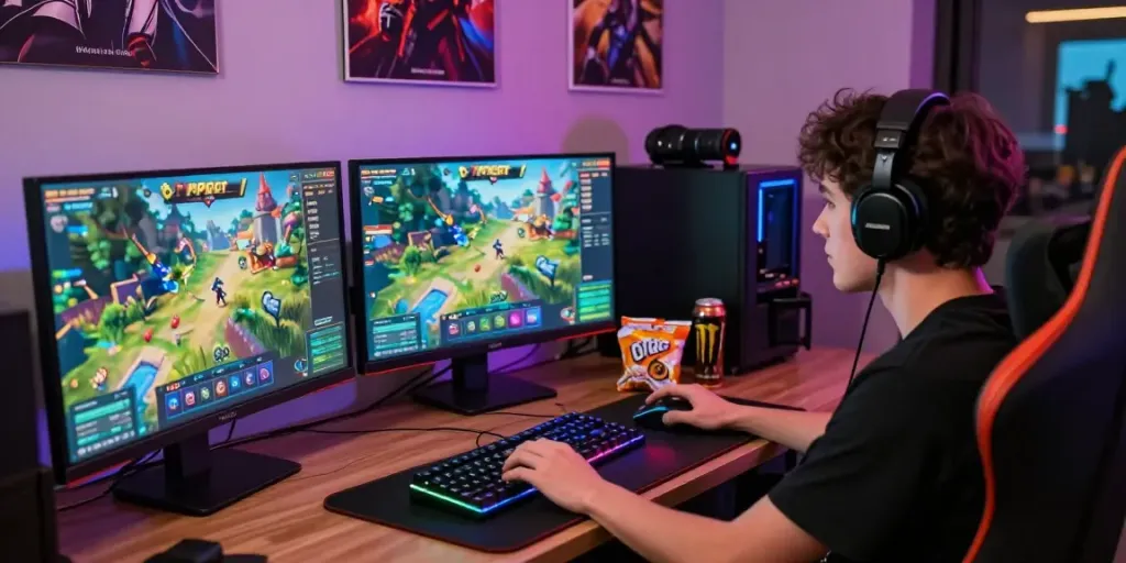 Player enjoying mposlot gaming experience at vibrant setup with high-tech gear and snacks.