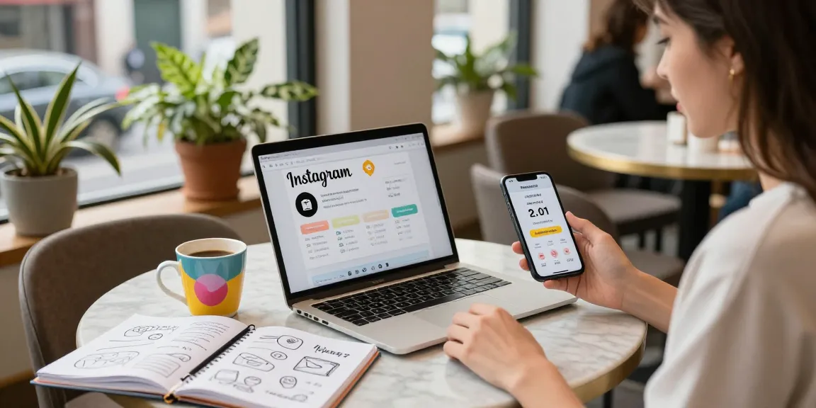Dynamic cafe scene with influencer showcasing the best place to buy instagram followers through analytics and vibrant atmosphere.