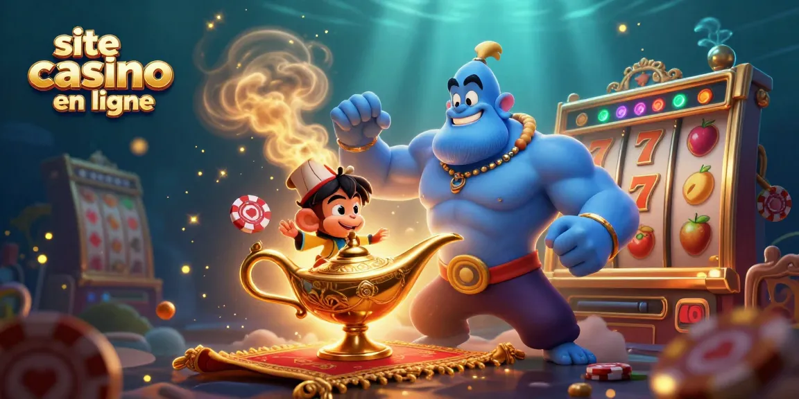 Vibrantes animations de jeux de casino illustrant le site casino en ligne avec un génie coloré et des bandits manchots.