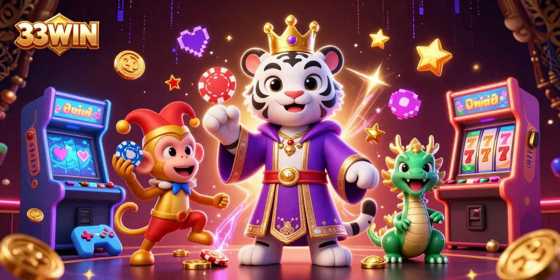 Experience thrilling games with 33WIN as a majestic tiger and a jester monkey create a vibrant casino scene.