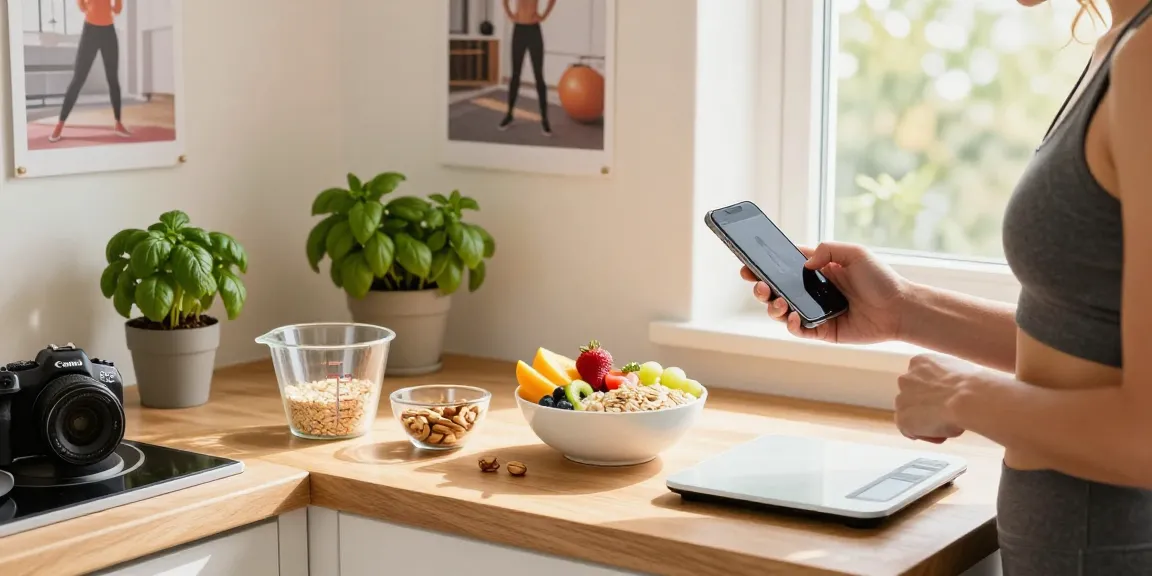 Logging meals on smartphone in bright kitchen, showcasing the best calorie tracker.