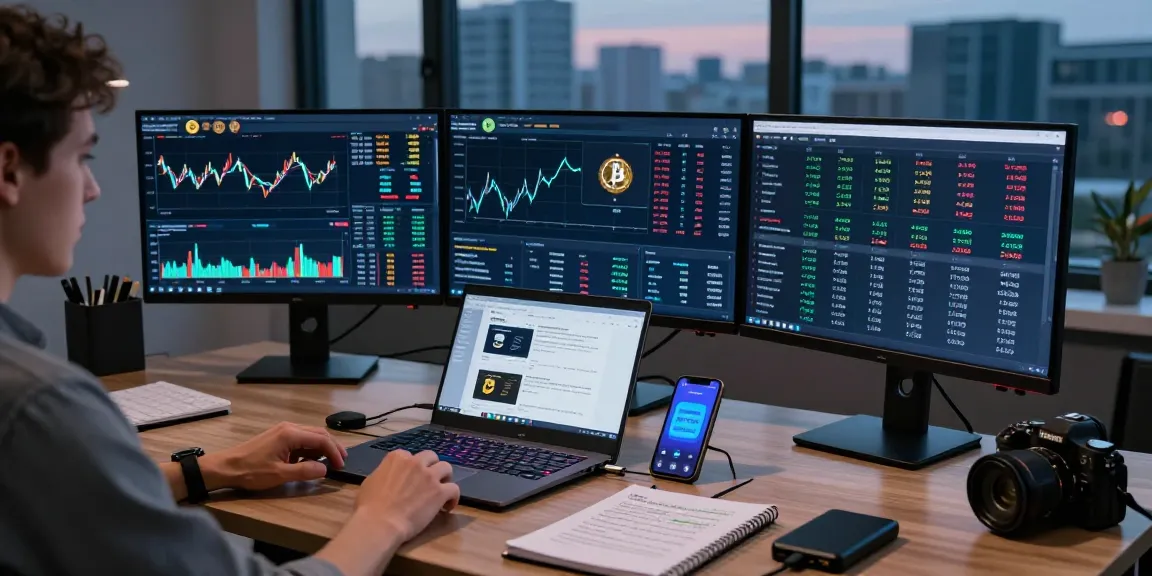 money6x.com make money online - Professional crypto trading setup with multiple monitors showing Bitcoin charts and DeFi statistics in a modern workspace.