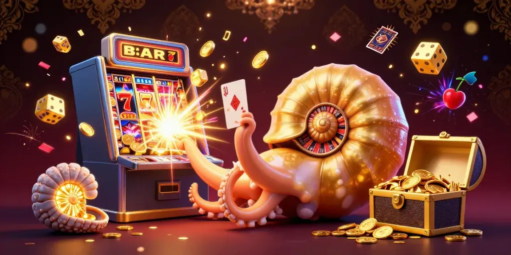 Pohon4d features a vibrant jackpot scene with a giant nautilus roulette wheel and exciting casino elements.