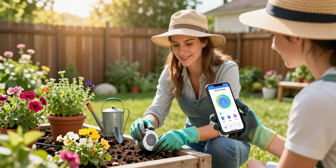 Home gardener setting up rainpoint wifi water timer in vibrant garden.