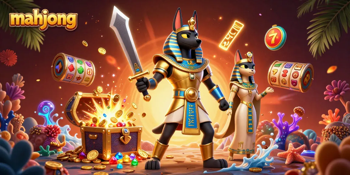 Play mahjong with ancient Egyptian warrior Anubis surrounded by dynamic casino elements.