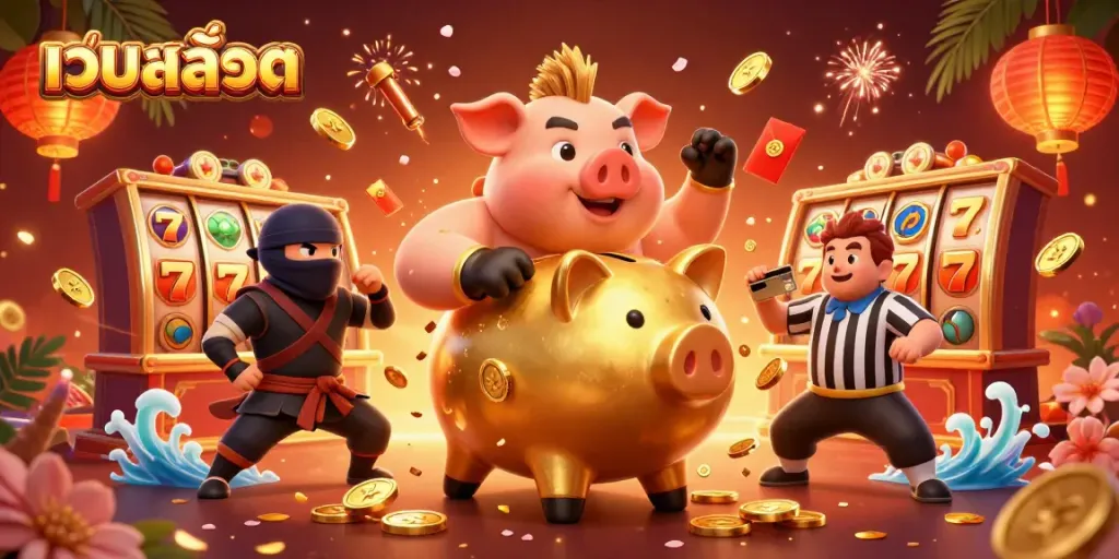 Engage with เว็บสล็อต as a golden piggy bank sumo wrestler celebrates epic wins surrounded by dynamic slot symbols.