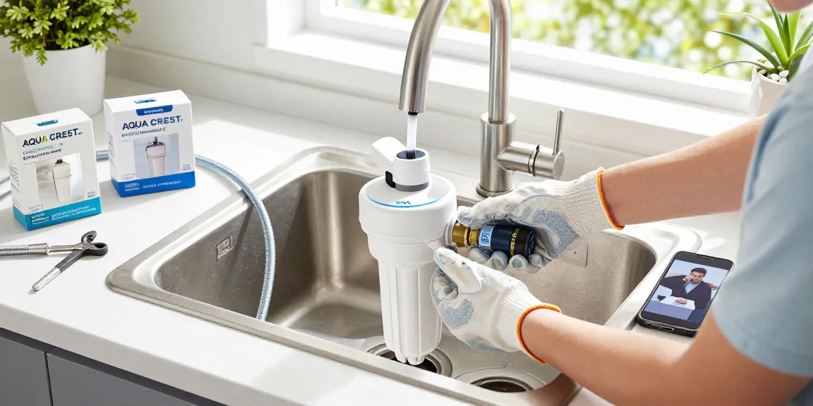 AQUA CREST GXRTDR Inline Water Filter installation in a bright kitchen, with tools and instructional video on display.